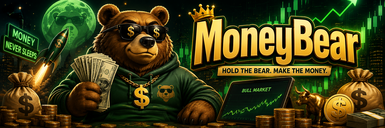 MoneyBear in a green hoodie holding cash in front of bullish market charts